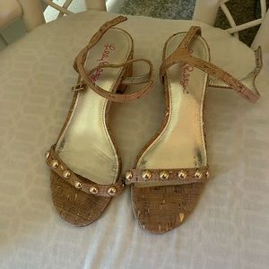 Lilly Pulitzer gold and cork sandals 1.5 inch block heel worn 3-5 times